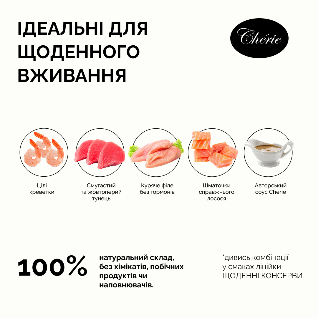 Вологий корм Cherie Yellowfin Tuna with with Shrimp Entrеes in Gravy для котів жовтоперий тунець з креветками 80г