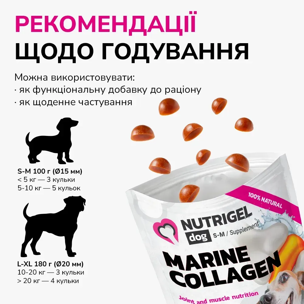 Ласощі LK Baits Pet Nutrigel Marine Collagen S-M для здоров'я суглобів у собак, з морським колагеном,100 г