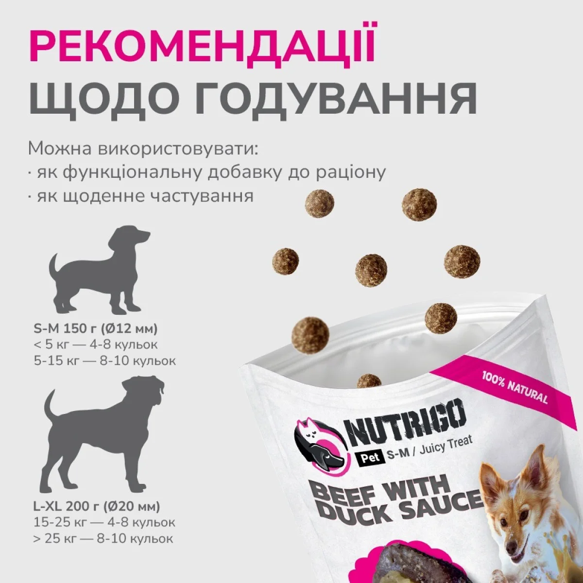 Ласощі LK Baits Pet Nutrigo Treat Veal з телятиною та качиним соусом для собак середніх порід, 150 г