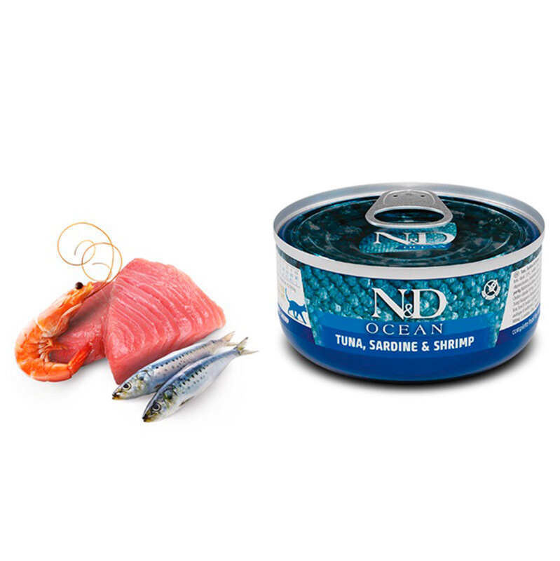 Вологий корм Farmina N&D Ocean Grain Free Cat Adult Tuna, Sardine & Shrimp Cans для котів з тунцем, сардиною та креветкою 70 г