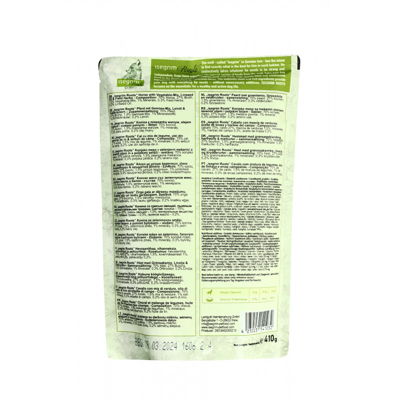 Вологий корм Isegrim Pouch Roots Horse Monoprotein для собак конина з овочами 410г