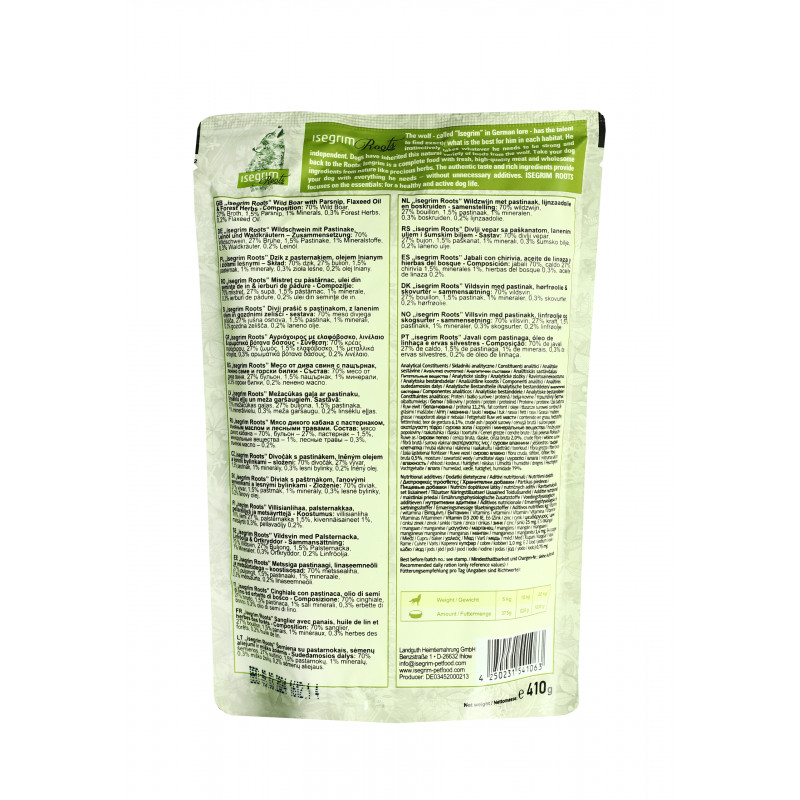 Вологий корм Isegrim Pouch Roots Wild Boar Monoprotein для собак кабан з пастернаком 410г