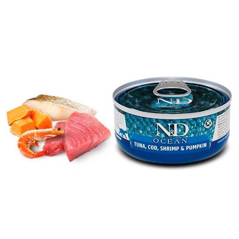 Вологий корм Farmina N&D Ocean Grain Free Cat Adult Tuna, Cod, Shrimp & Pumpkin Cans для котів з тунцем, тріскою та креветками 70 г