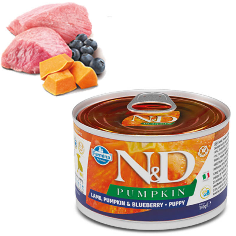Вологий корм Farmina N&D Pumpkin Grain Free Puppy Mini Lamb, Pumpkin & Blueberry Cans для цуценят дрібних порід з ягням, гарбузом та чорницею 140 г