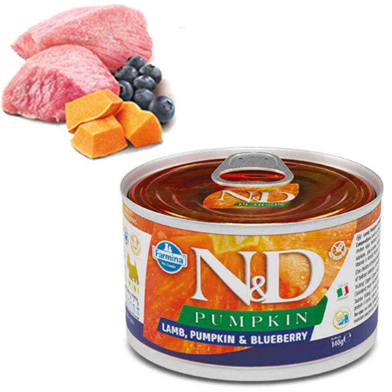 Вологий корм Farmina N&D Pumpkin Grain Free Dog Adult Mini Lamb, Pumpkin & Blueberry Cans для собак дрібних порід з ягням, гарбузом та чорницею 140 г
